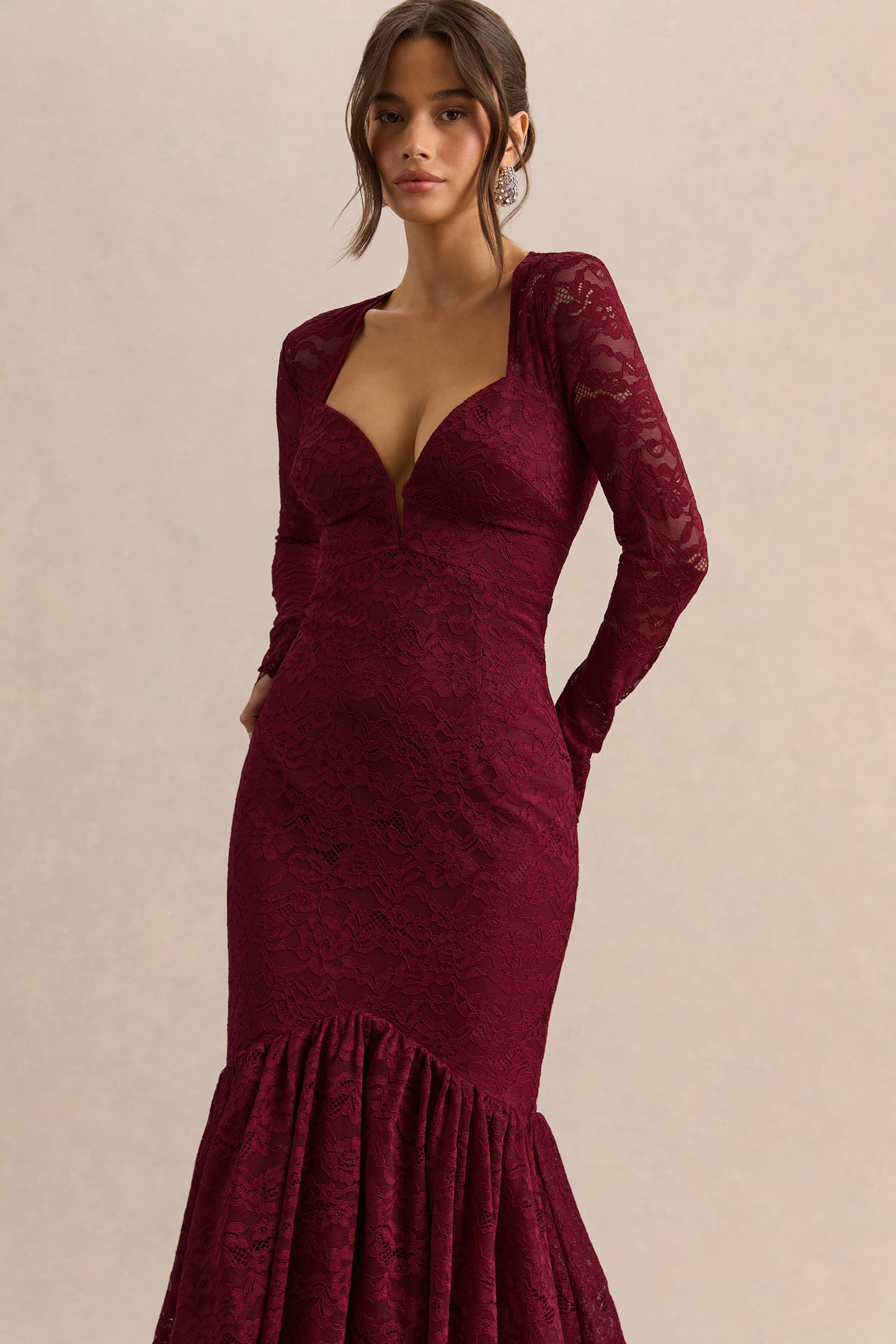 Camilly | Burgundy Lace Plunge-Neck Mermaid Midi Dress