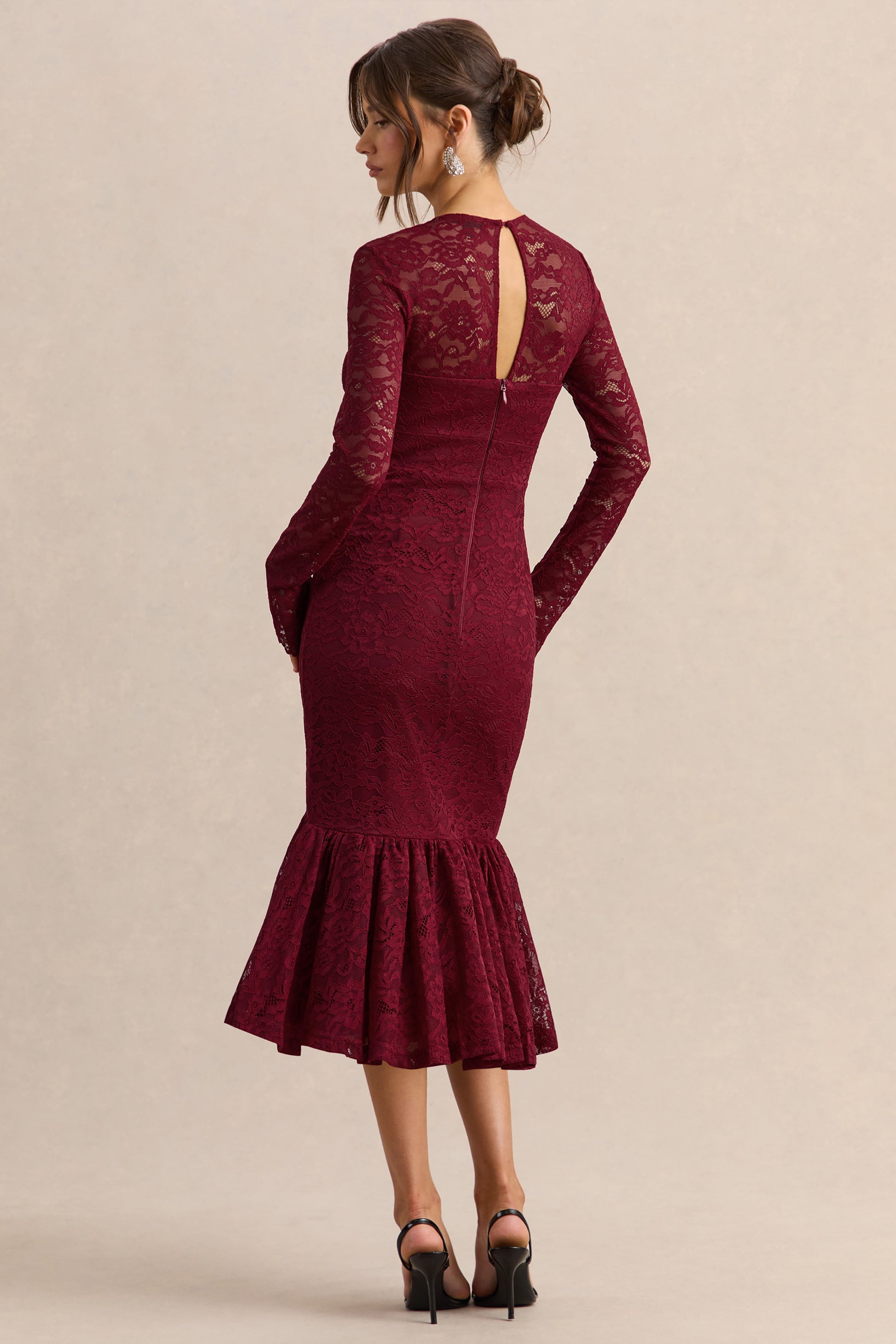 Camilly | Burgundy Lace Plunge-Neck Mermaid Midi Dress