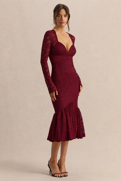 Camilly | Burgundy Lace Plunge-Neck Mermaid Midi Dress