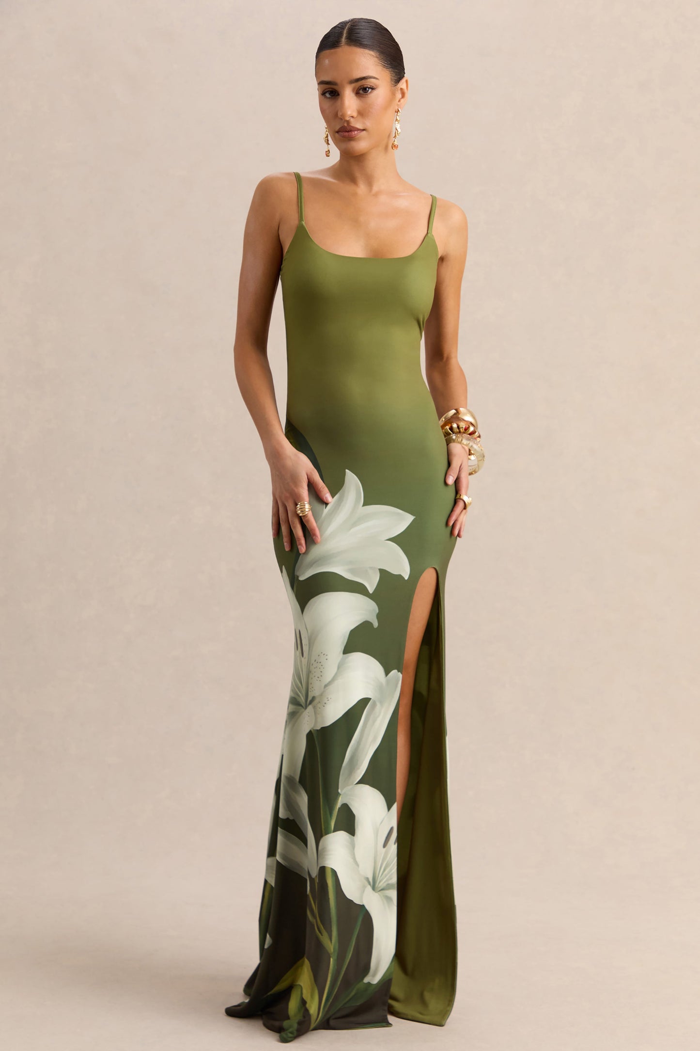 Yasmine | Olive Lily Print Square-Neck Maxi Dress With Front High-Split