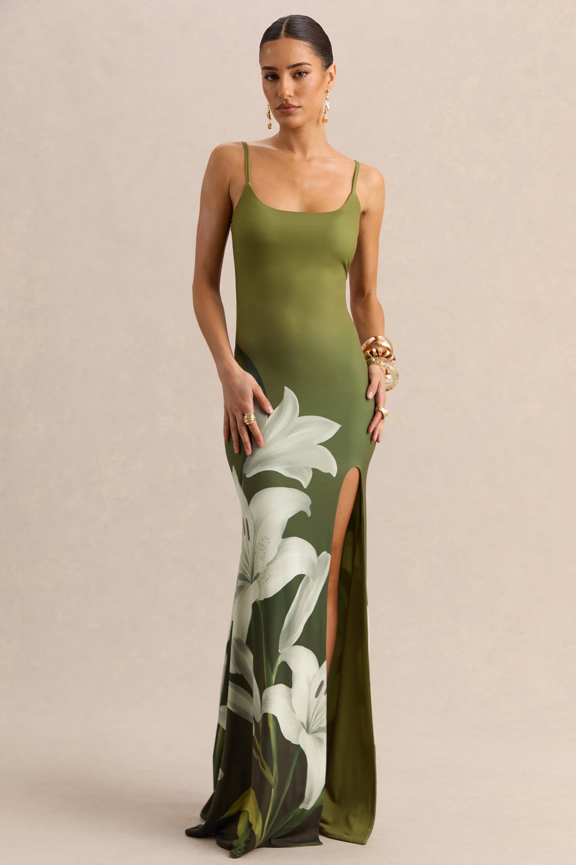 Yasmine | Olive Lily Print Square-Neck Maxi Dress With Front High-Split