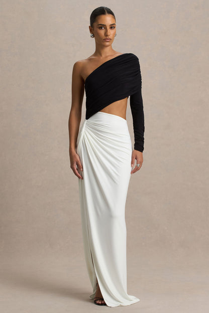 Malika | Black And White Asymmetric-Neck Maxi Dress With Body-Cut Out And Gathered Detailing