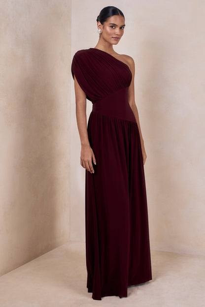 Kelsey | Burgundy Asymmetric-Neck Maxi Dress With Ruched Detailing