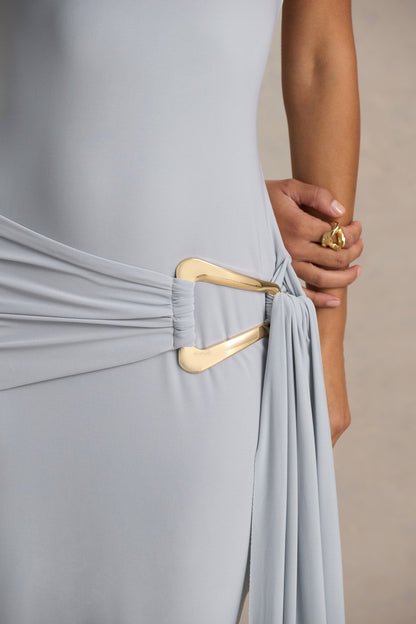 Bonnie | Blue Asymmetric-Neck Maxi Dress With Open-Back
