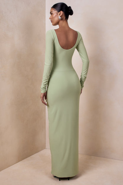 Matilda | Light Green Boat-Neck Maxi Dress With Ruched Detailing