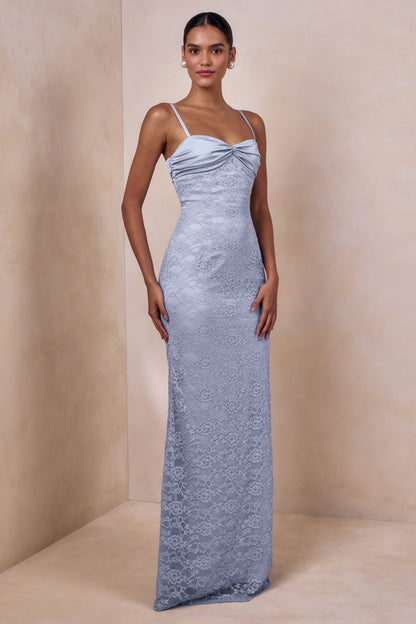 Juana | Powder Blue Lace And Satin Sweetheart-Neck Maxi Dress