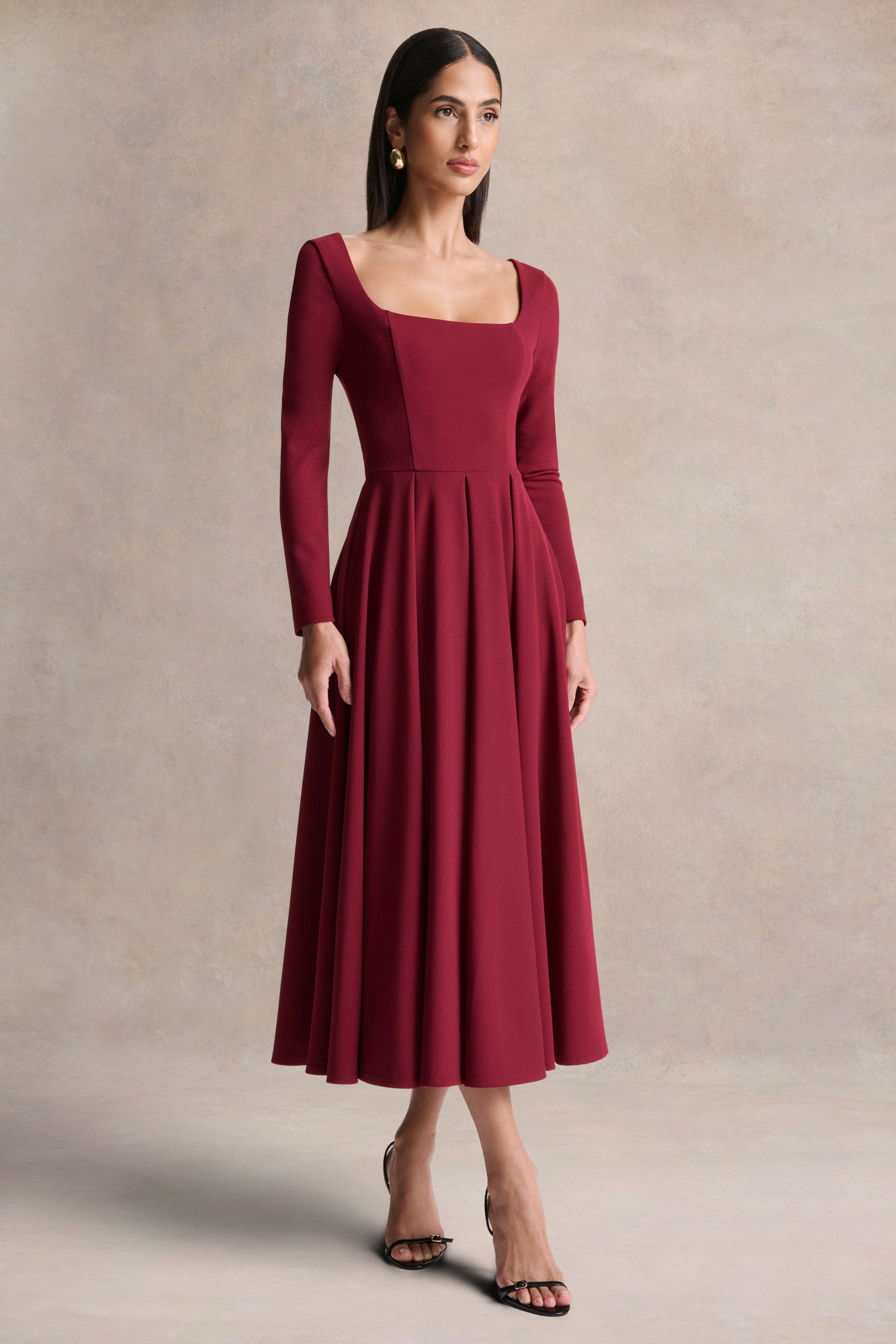 Alison | Burgundy Square-Neck A- Midi Dress