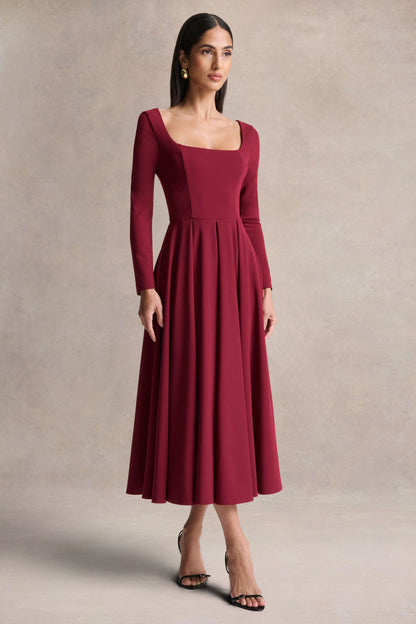Alison | Burgundy Square-Neck A- Midi Dress