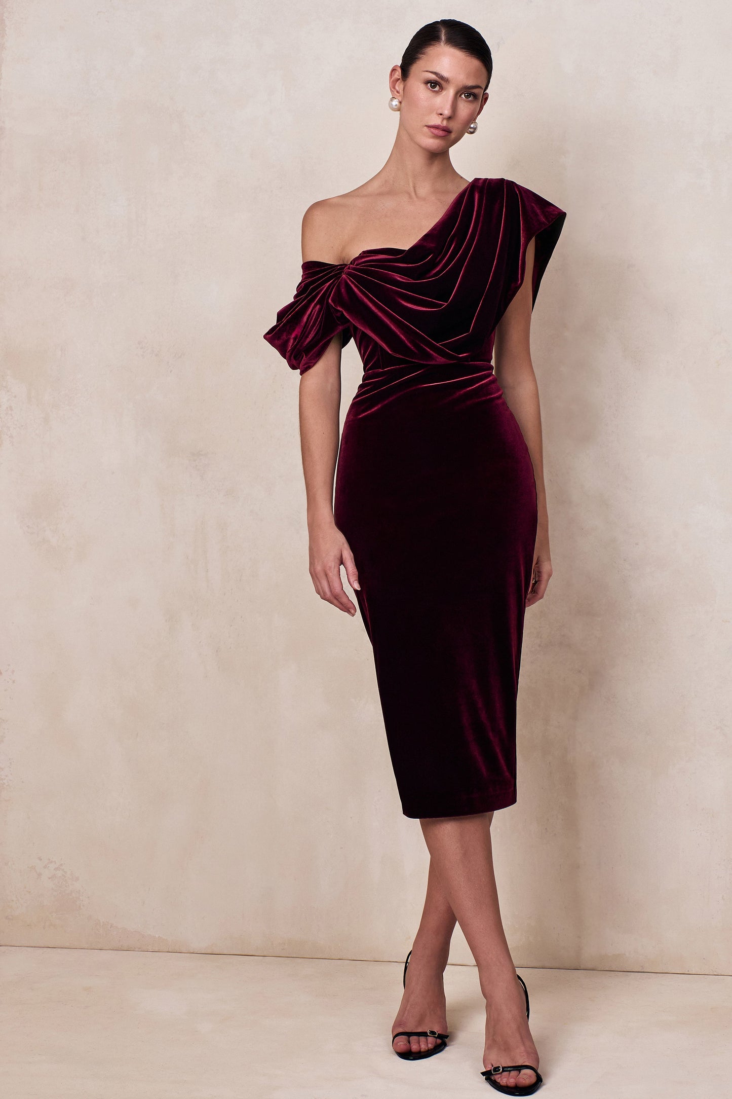 High End | Burgundy Velvet Asymmetric-Neck Midi Dress With Draped Detailing