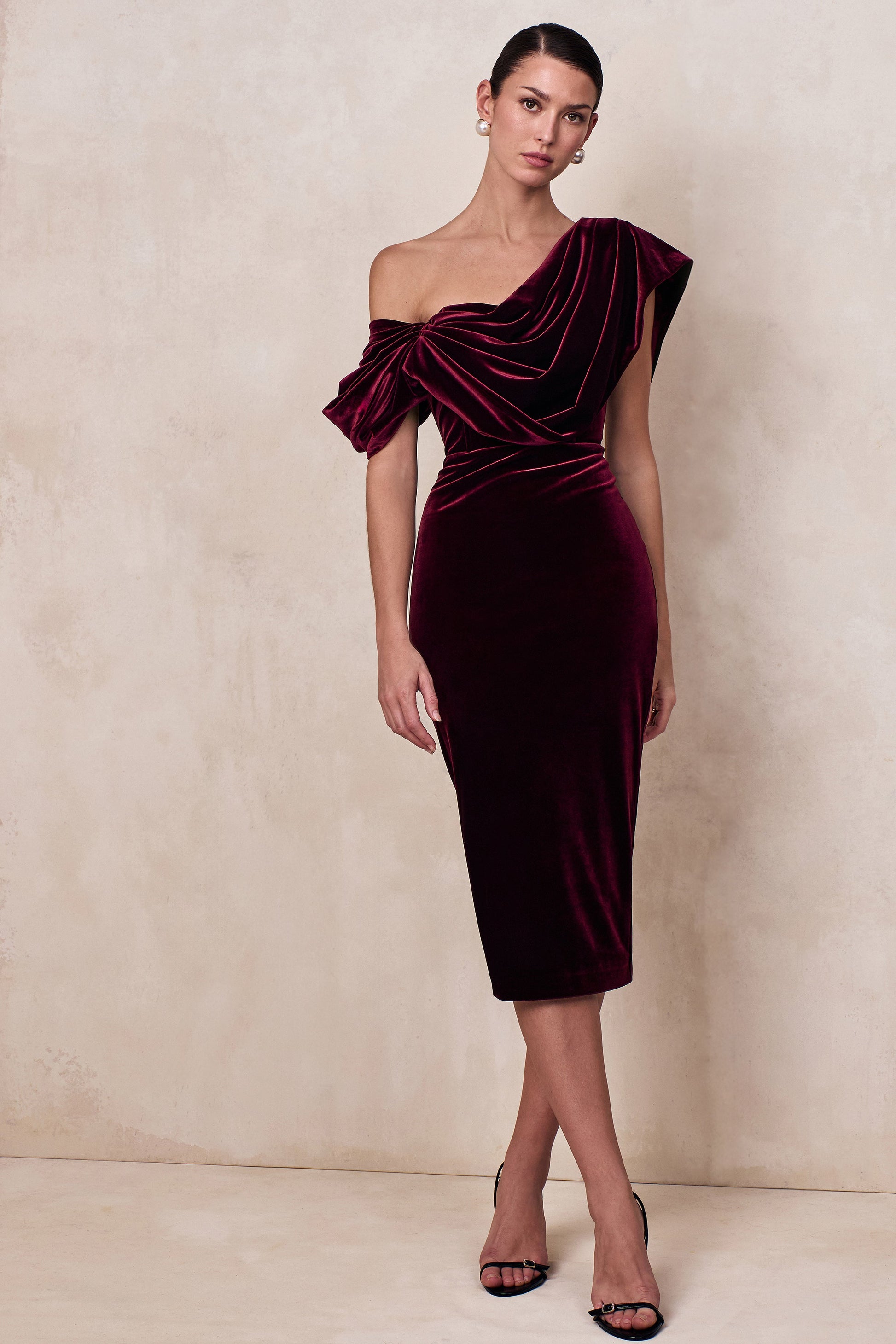High End | Burgundy Velvet Asymmetric-Neck Midi Dress With Draped Detailing