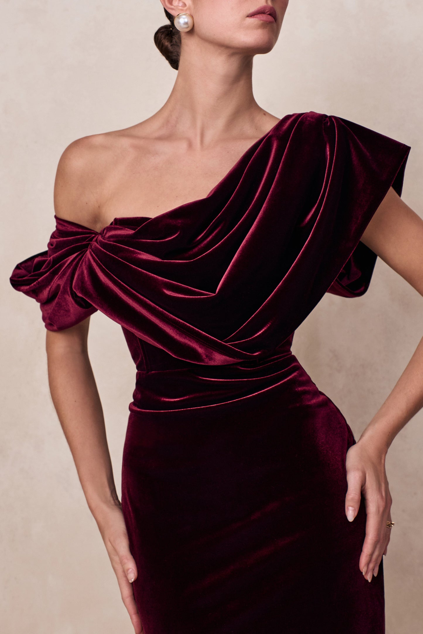 High End | Burgundy Velvet Asymmetric-Neck Midi Dress With Draped Detailing
