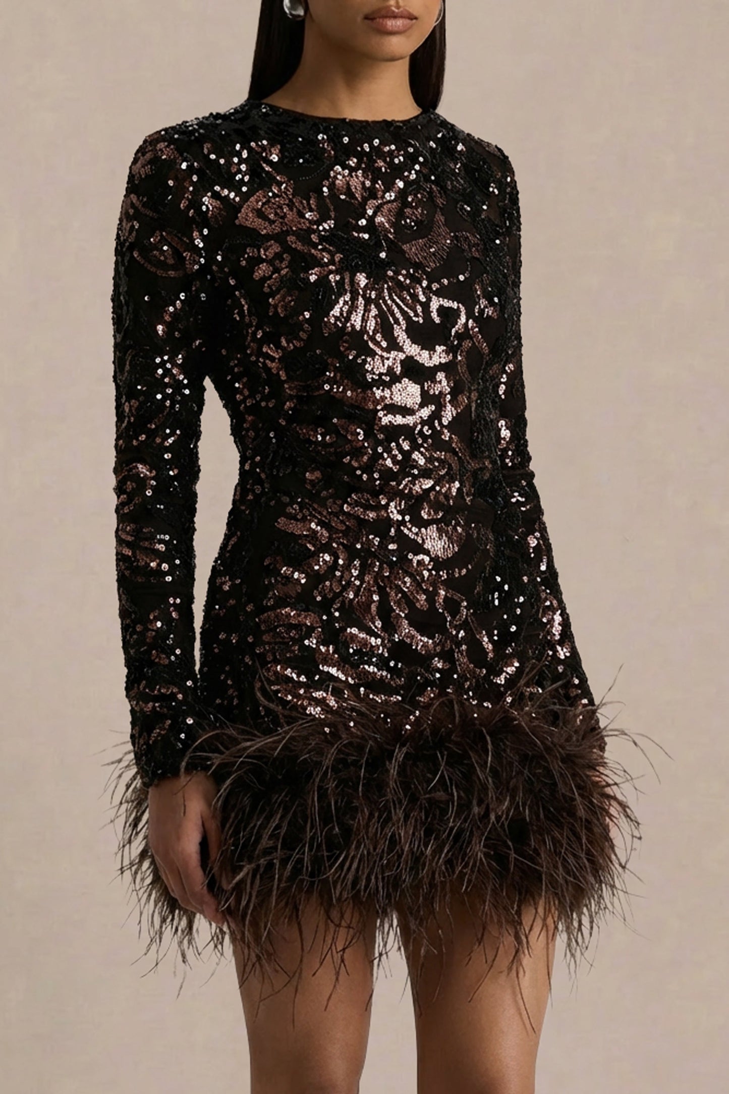 Stardust | Brown Sequined Velvet Crew-Neck Mini Dress With Feather Trim