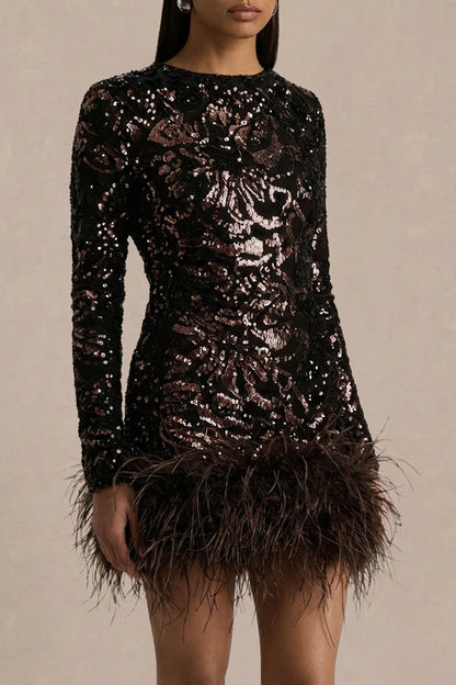 Stardust | Brown Sequined Velvet Crew-Neck Mini Dress With Feather Trim