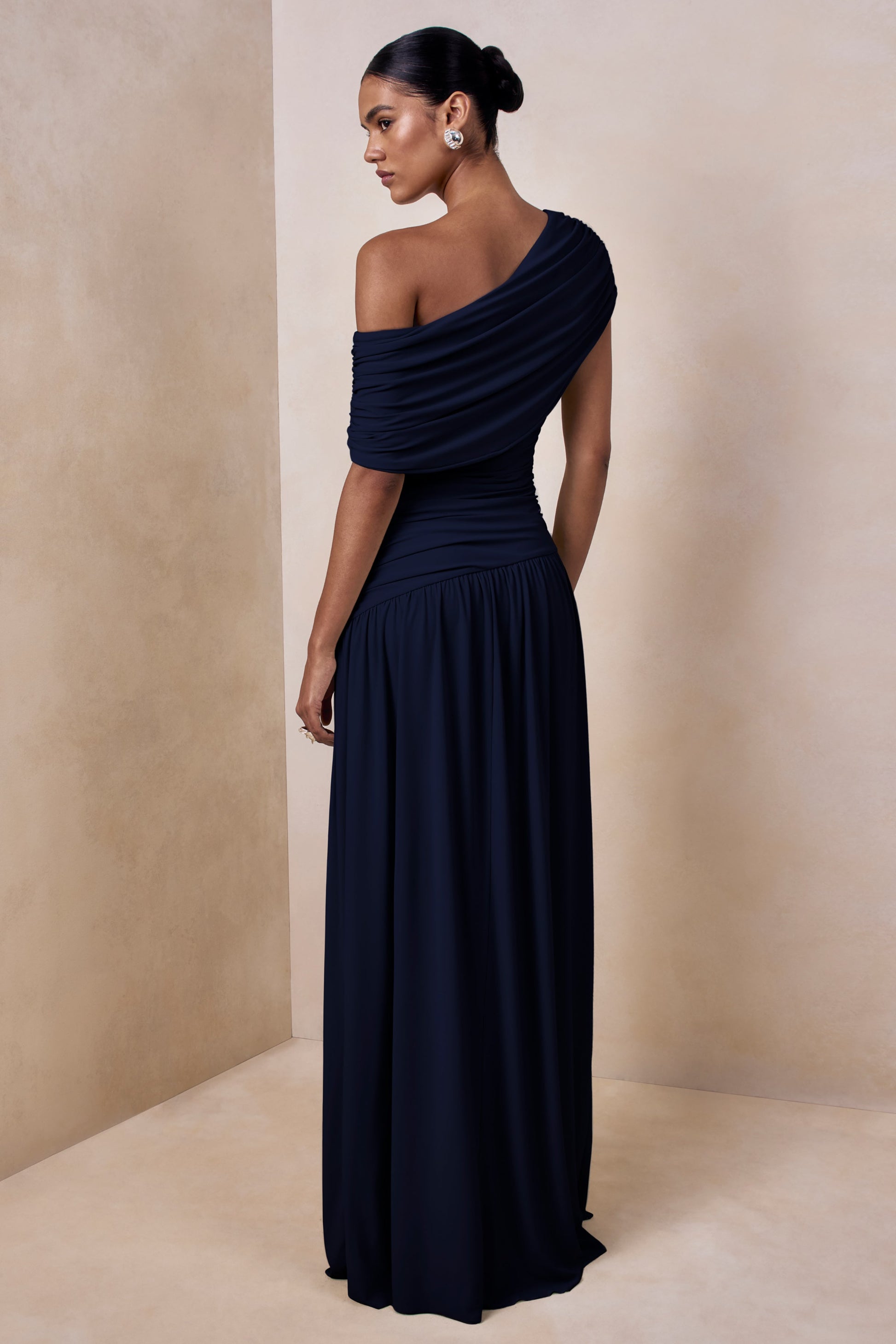 Emberly | Navy Draped Asymmetric-Neck Maxi Dress With Drop-Waist