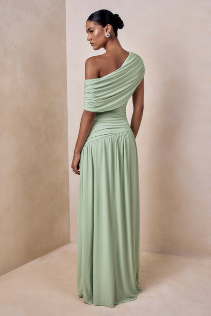 Emberly | Green Draped Asymmetric-Neck Maxi Dress With Drop-Waist