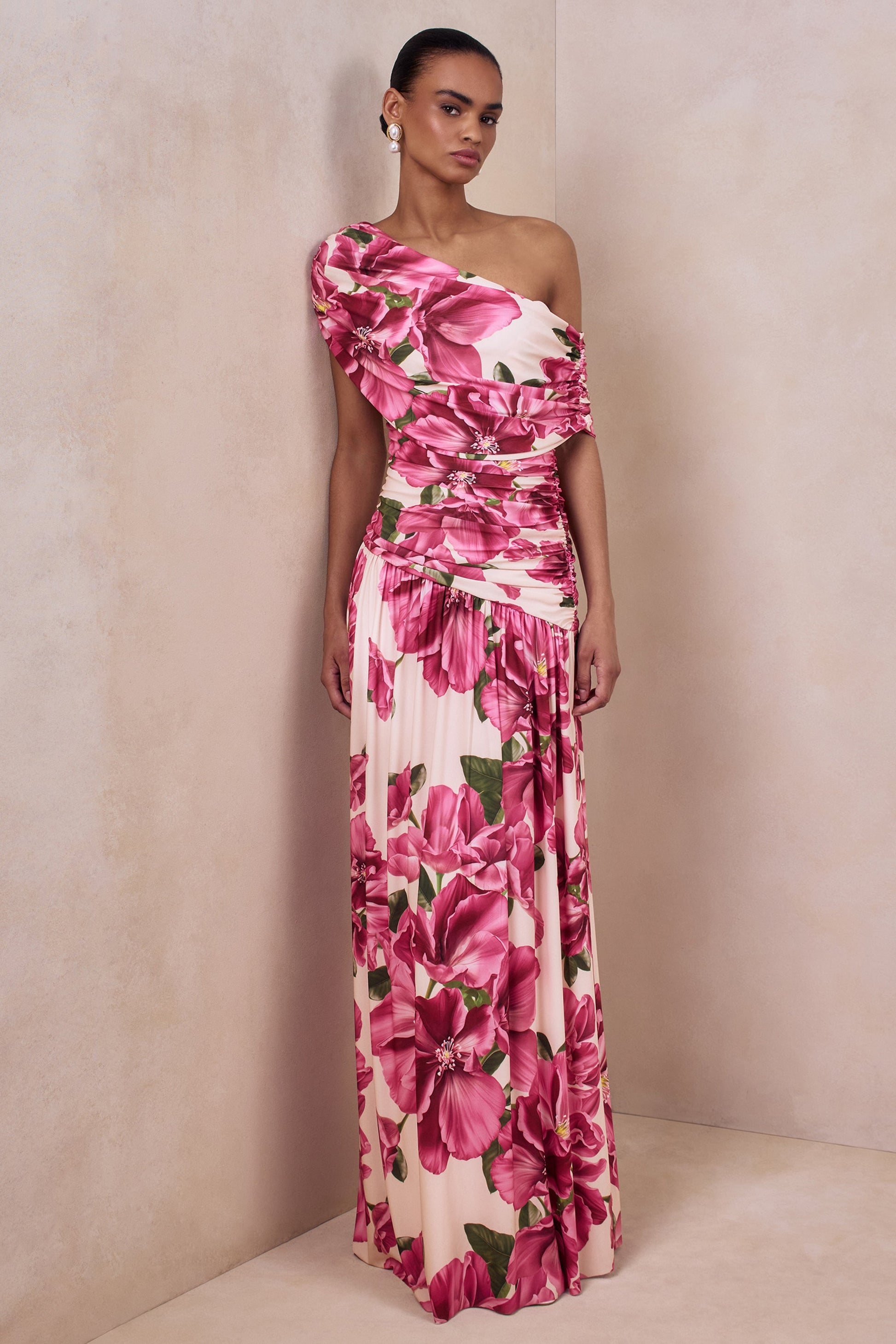 Emberly | Pink Hibiscus Floral Print Asymmetric Neck Maxi Dress With Drop Waist
