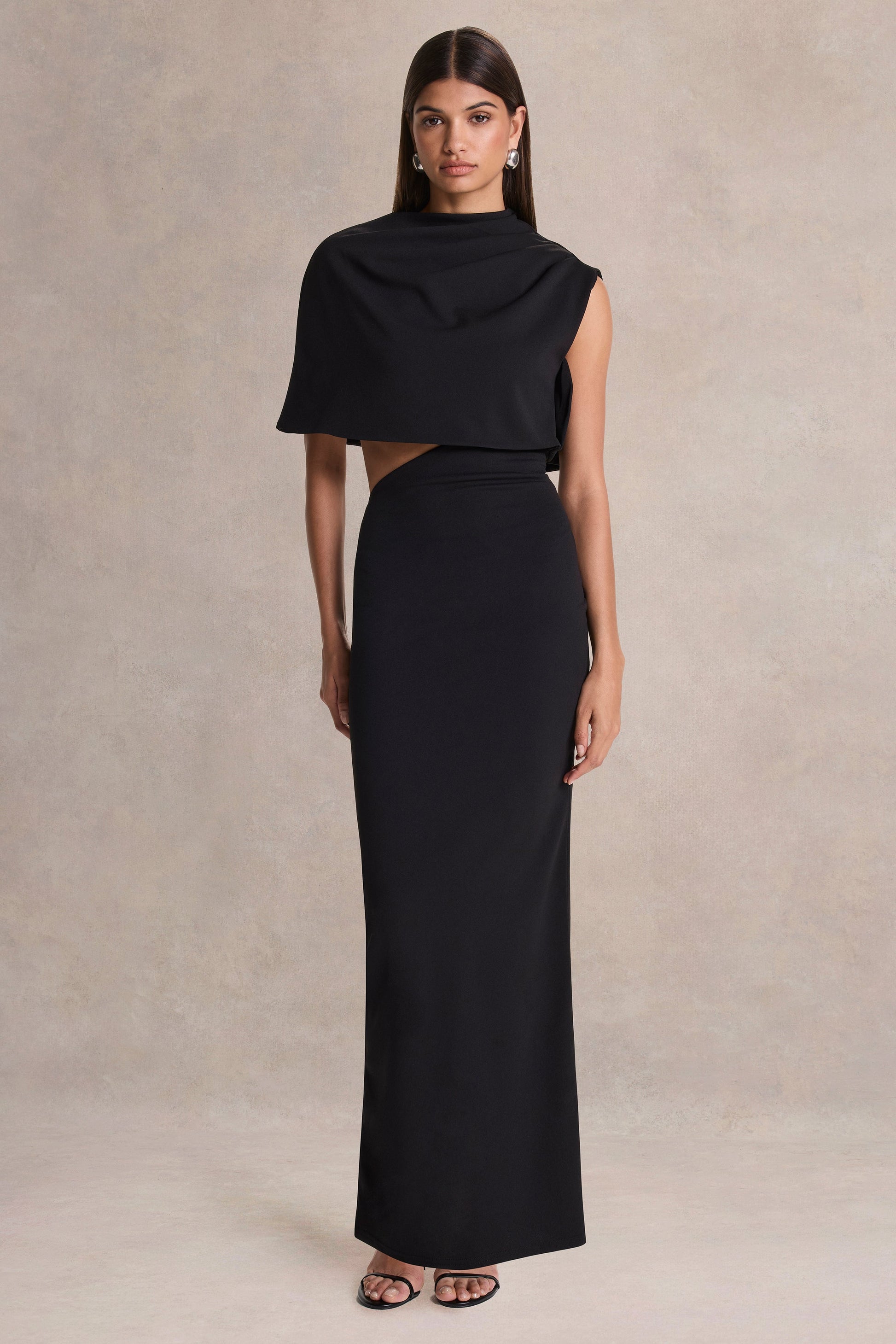 Roseth | Black High-Neck Maxi Dress With Removable Cape