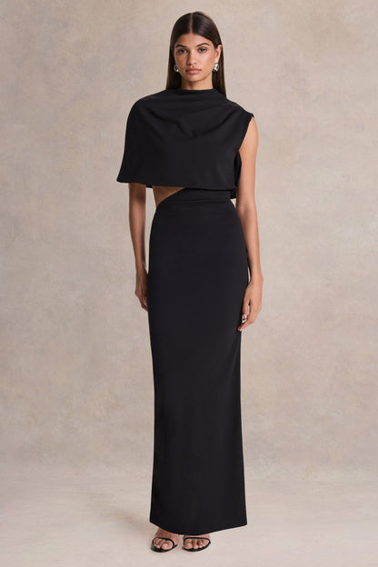 Roseth | Black High-Neck Maxi Dress With Removable Cape
