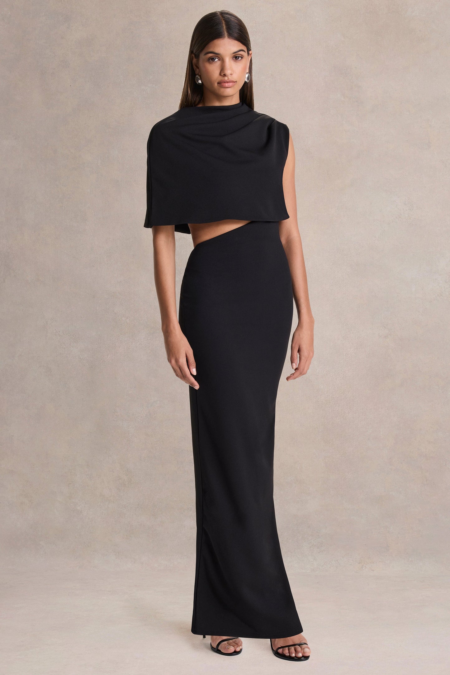 Roseth | Black High-Neck Maxi Dress With Removable Cape