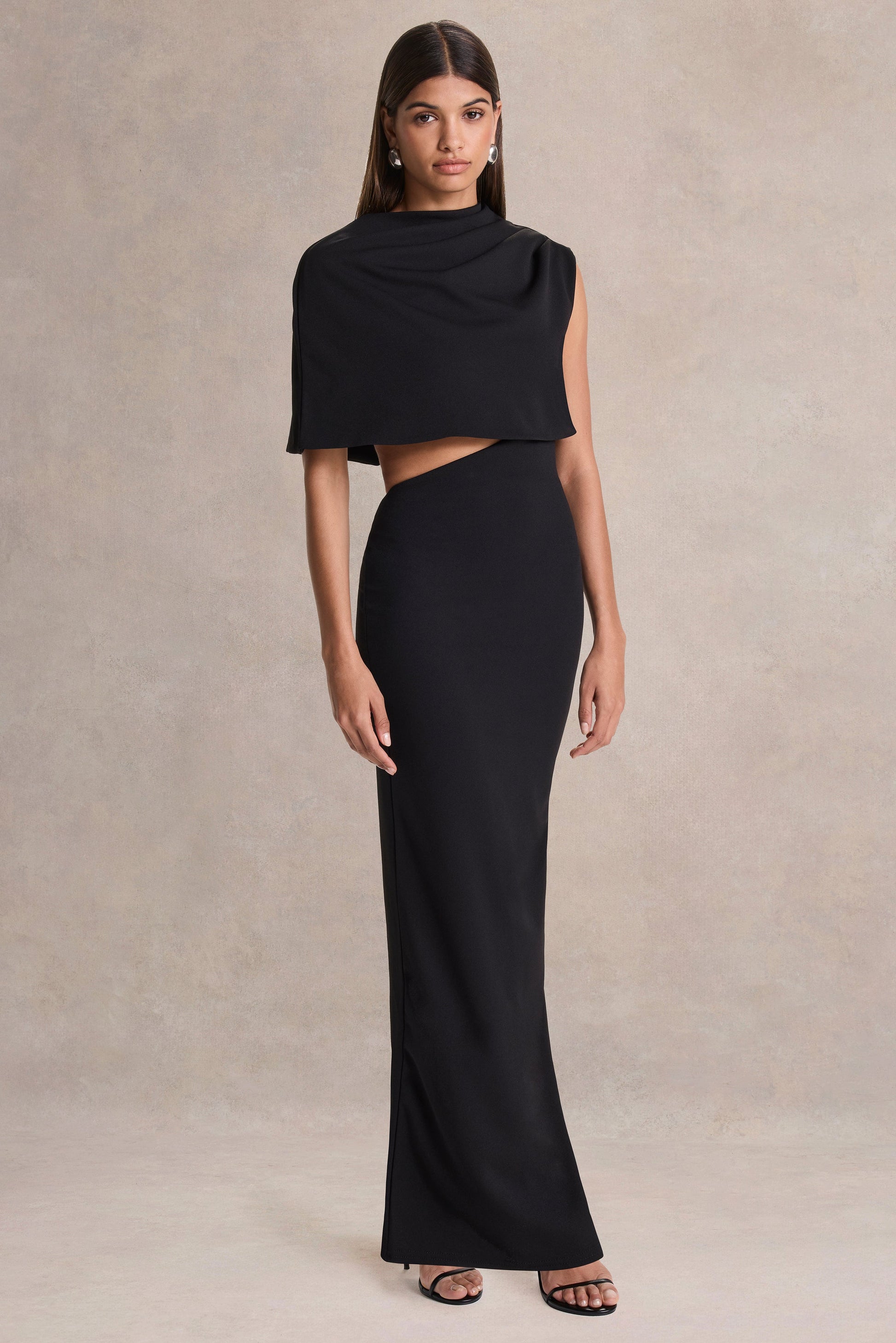 Roseth | Black High-Neck Maxi Dress With Removable Cape