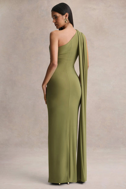 Mandy | Olive Asymmetric-Neck Maxi Dress With Gold-Detail