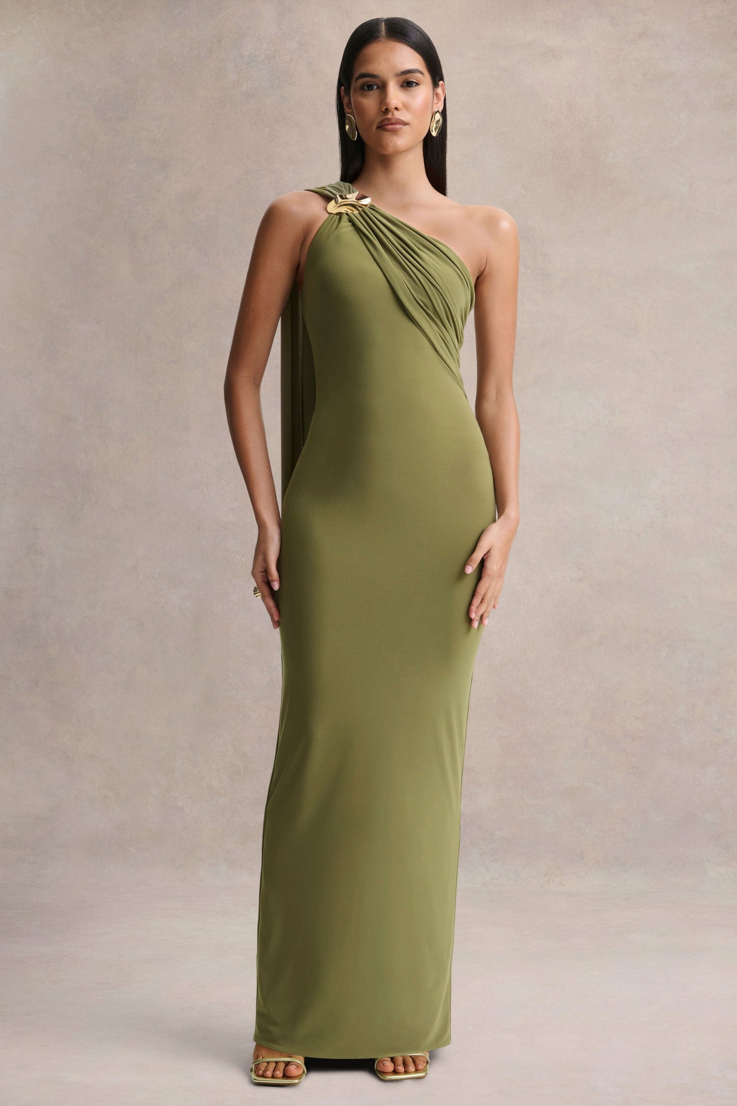 Mandy | Olive Asymmetric-Neck Maxi Dress With Gold-Detail