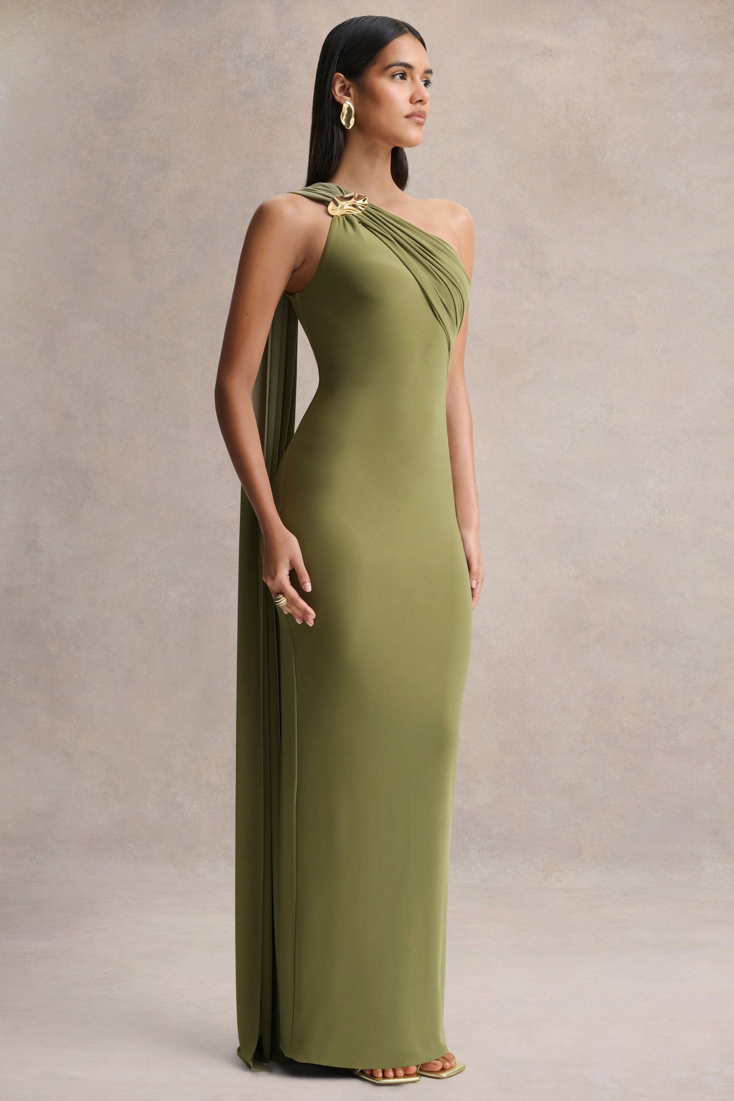 Mandy | Olive Asymmetric-Neck Maxi Dress With Gold-Detail