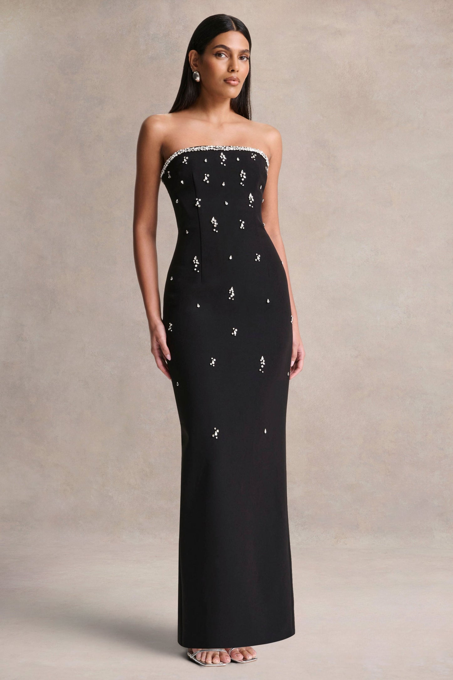 Rominia | Black Bandeau Hand-Embellished Maxi Dress