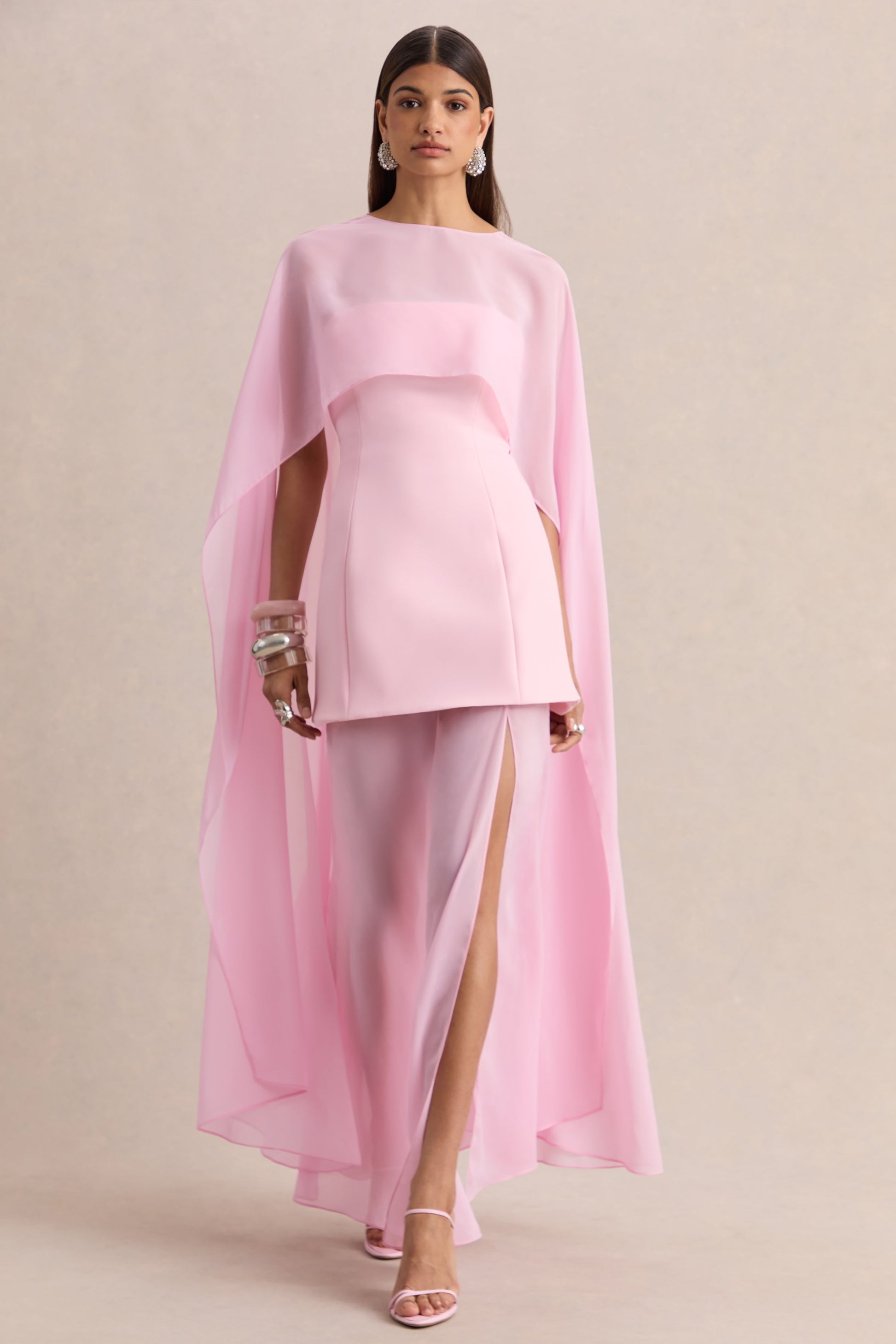 Chessa | Light Pink Boat-Neck Maxi Dress With Sheer Cape