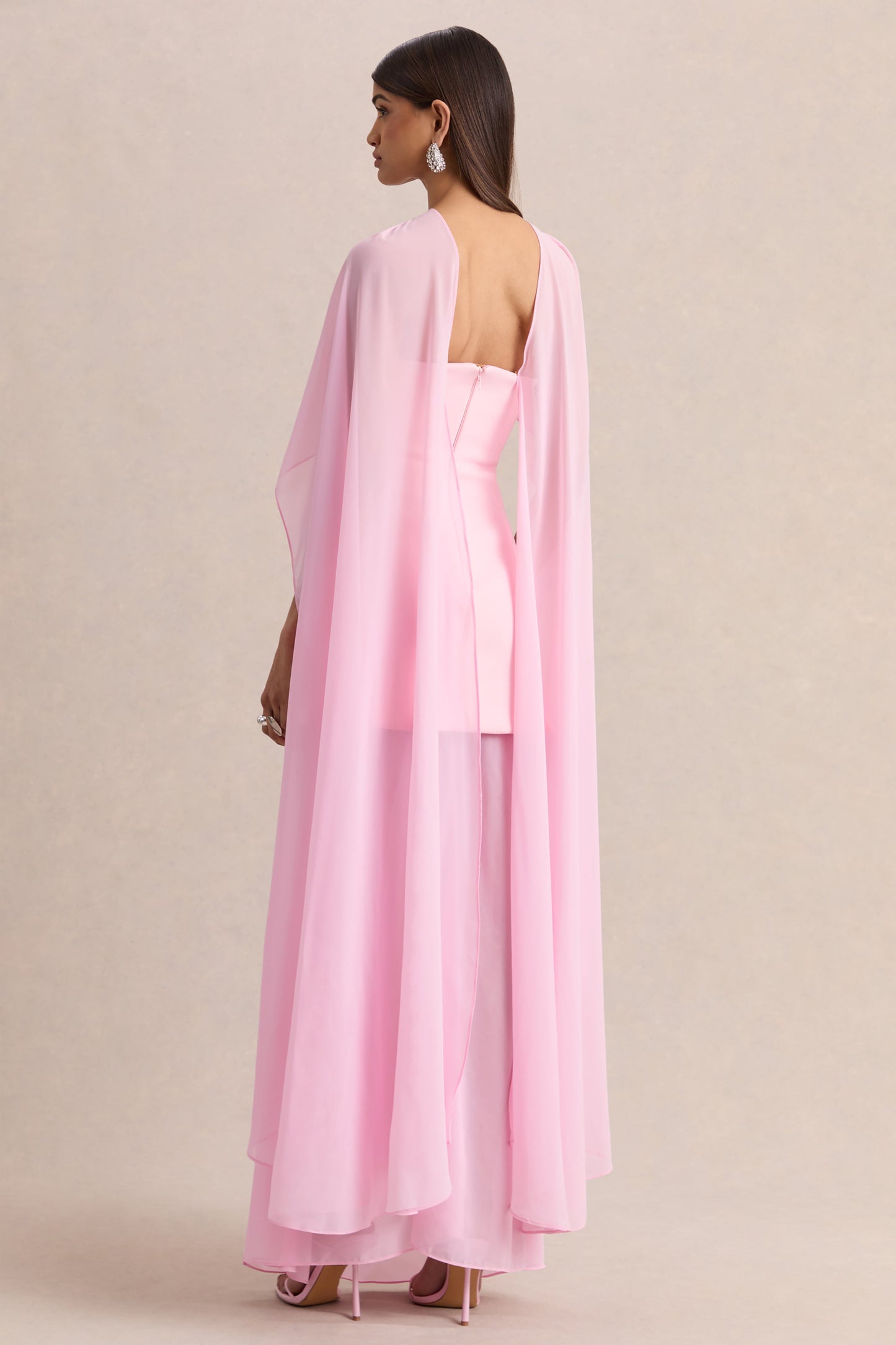 Chessa | Light Pink Boat-Neck Maxi Dress With Sheer Cape