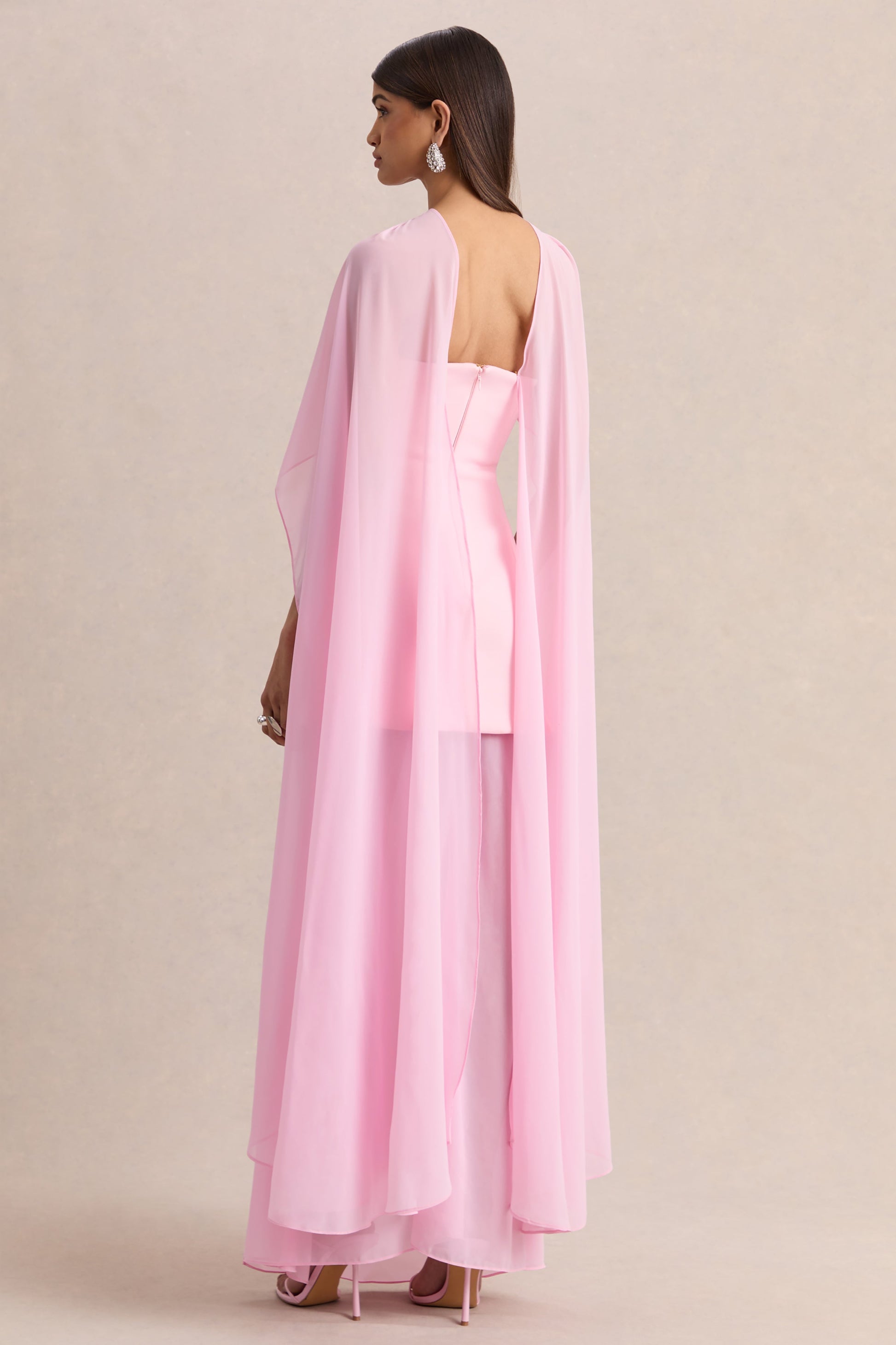 Chessa | Light Pink Boat-Neck Maxi Dress With Sheer Cape