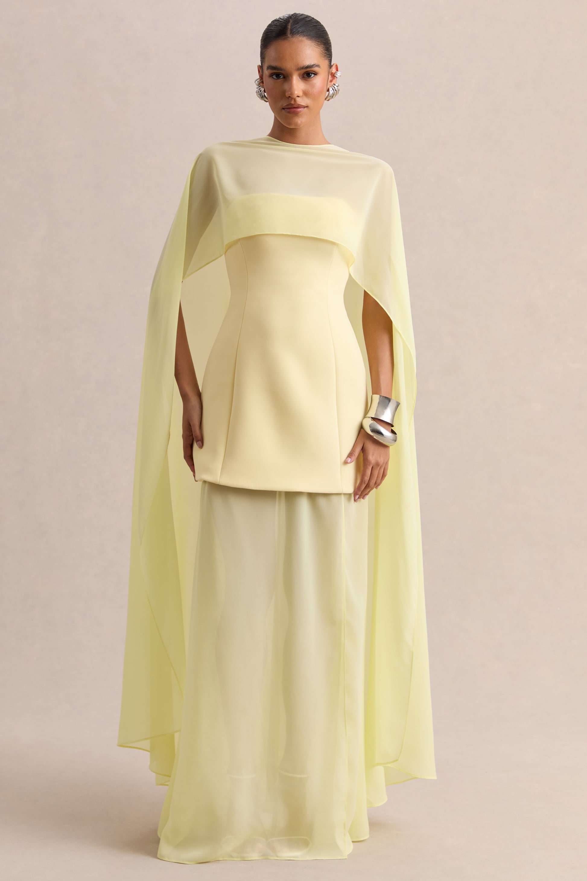 Chessa | Lemon Boat-Neck Maxi Dress With Sheer Cape