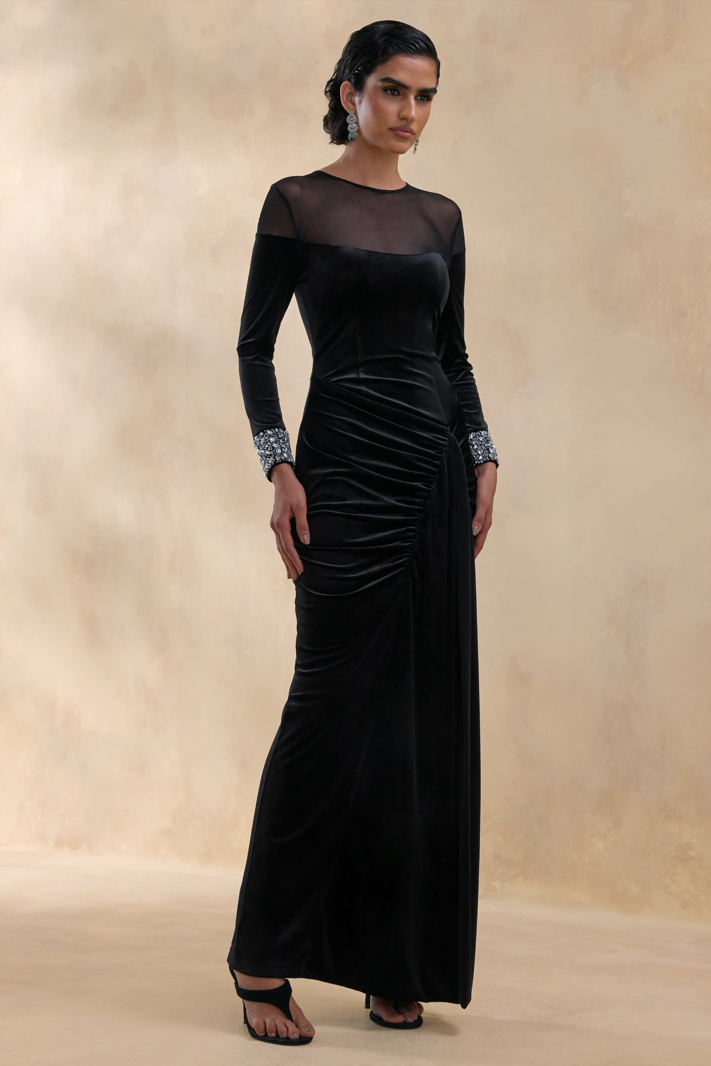 Perrin | Black Velvet Crew-Neck Maxi Dress With Embellished Cuffs