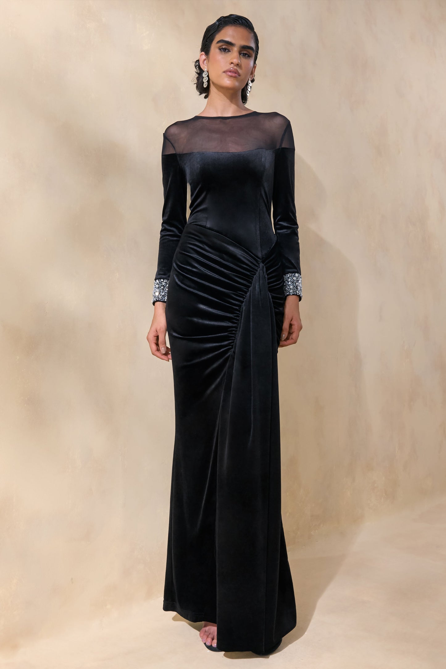 Perrin | Black Velvet Crew-Neck Maxi Dress With Embellished Cuffs