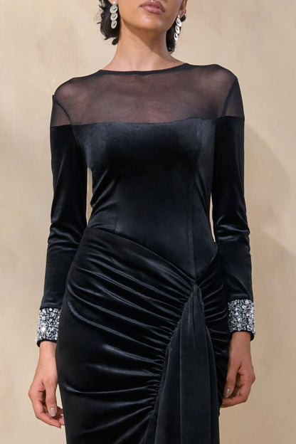 Perrin | Black Velvet Crew-Neck Maxi Dress With Embellished Cuffs