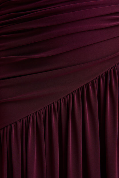 Luminary | Dark Plum Bardot-Neck Maxi Dress With Mesh Sleeves