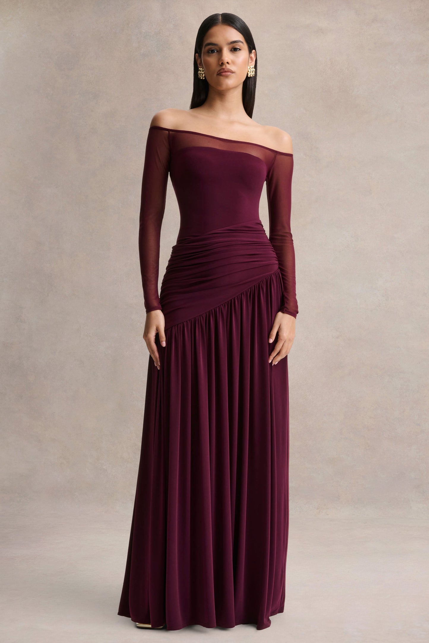 Luminary | Dark Plum Bardot-Neck Maxi Dress With Mesh Sleeves