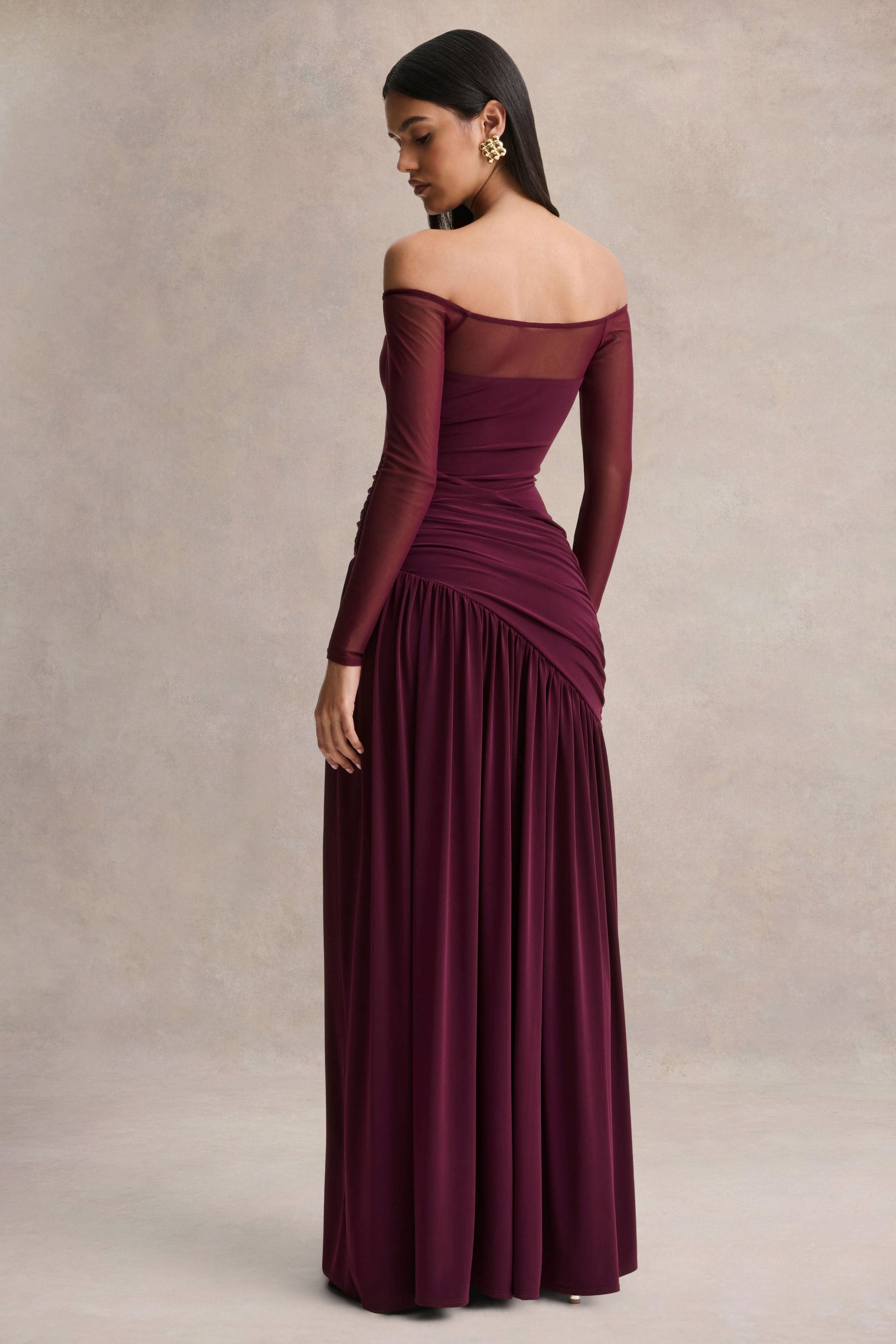 Luminary | Dark Plum Bardot-Neck Maxi Dress With Mesh Sleeves
