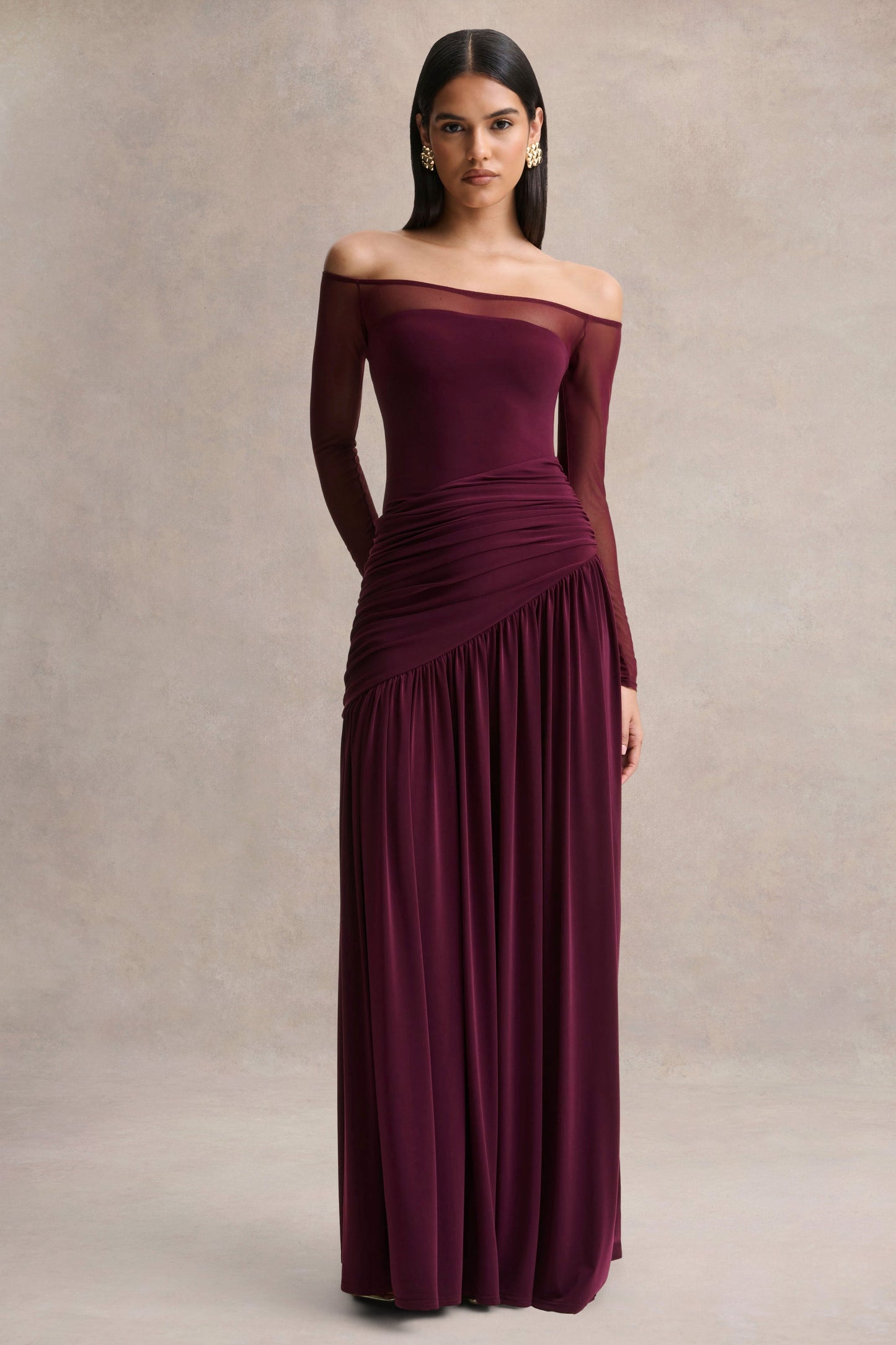 Luminary | Dark Plum Bardot-Neck Maxi Dress With Mesh Sleeves