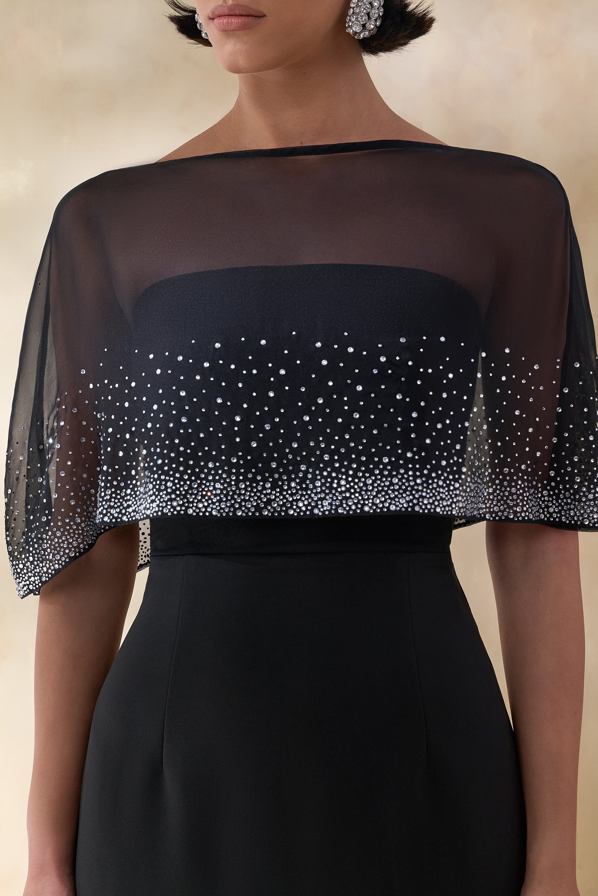 Everly | Black Hand-Embellished Cape-Sleeve Maxi Dress