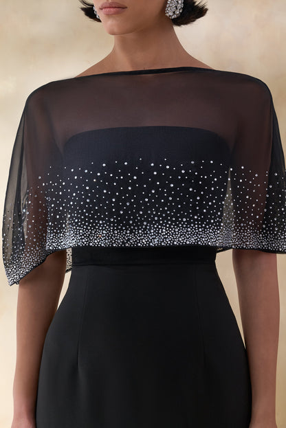Everly | Black Hand-Embellished Cape-Sleeve Maxi Dress