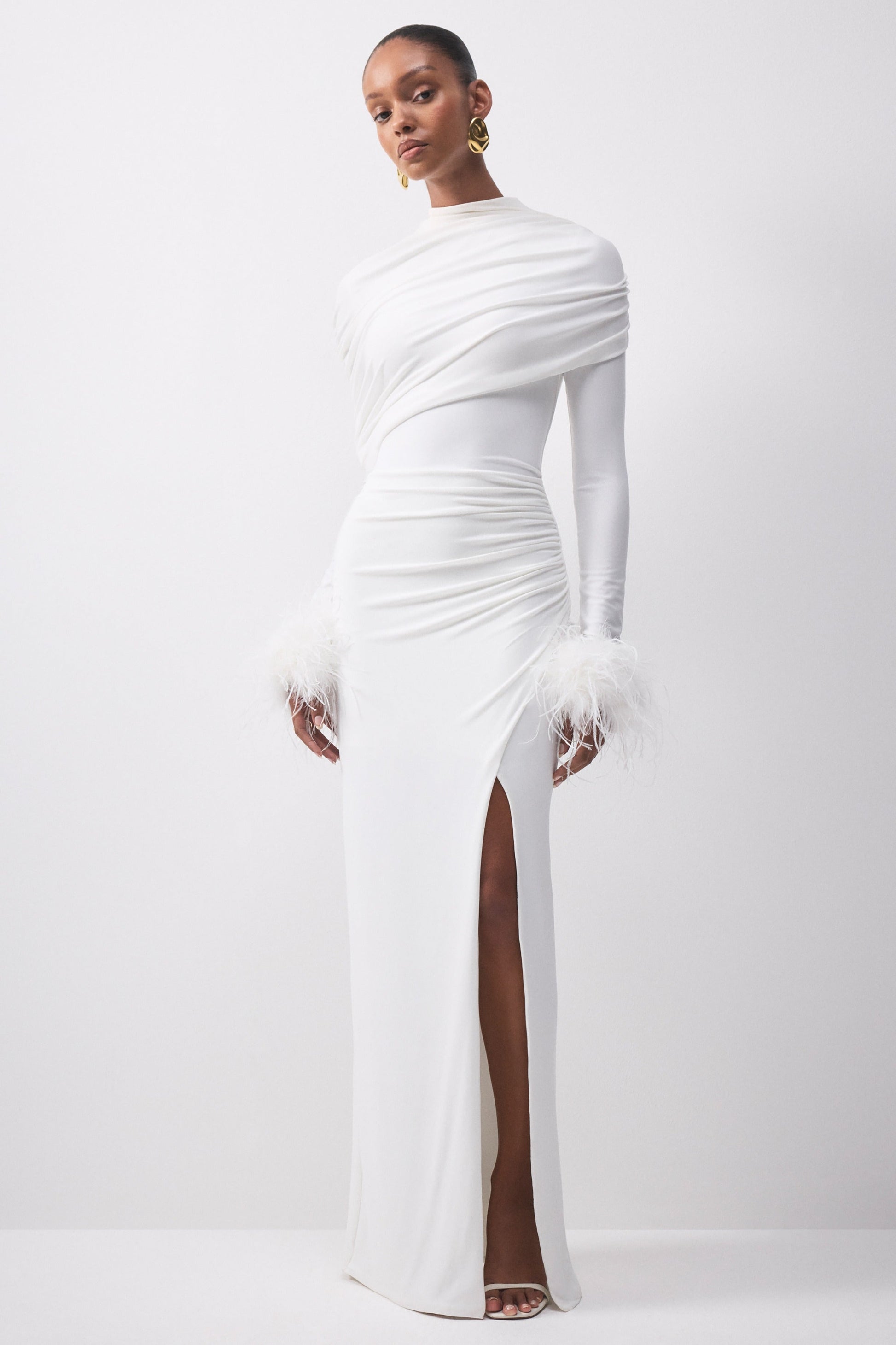 Gatsby | White High-Neck Maxi Dress With Feather Trim Cuffs