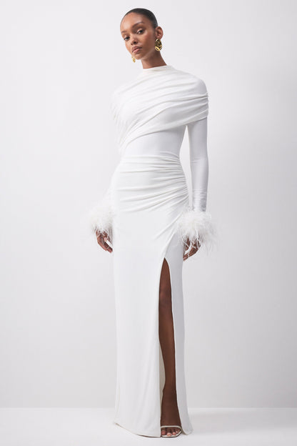 Gatsby | White High-Neck Maxi Dress With Feather Trim Cuffs