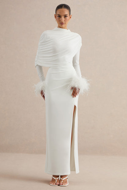 Gatsby | White High-Neck Maxi Dress With Feather Trim Cuffs