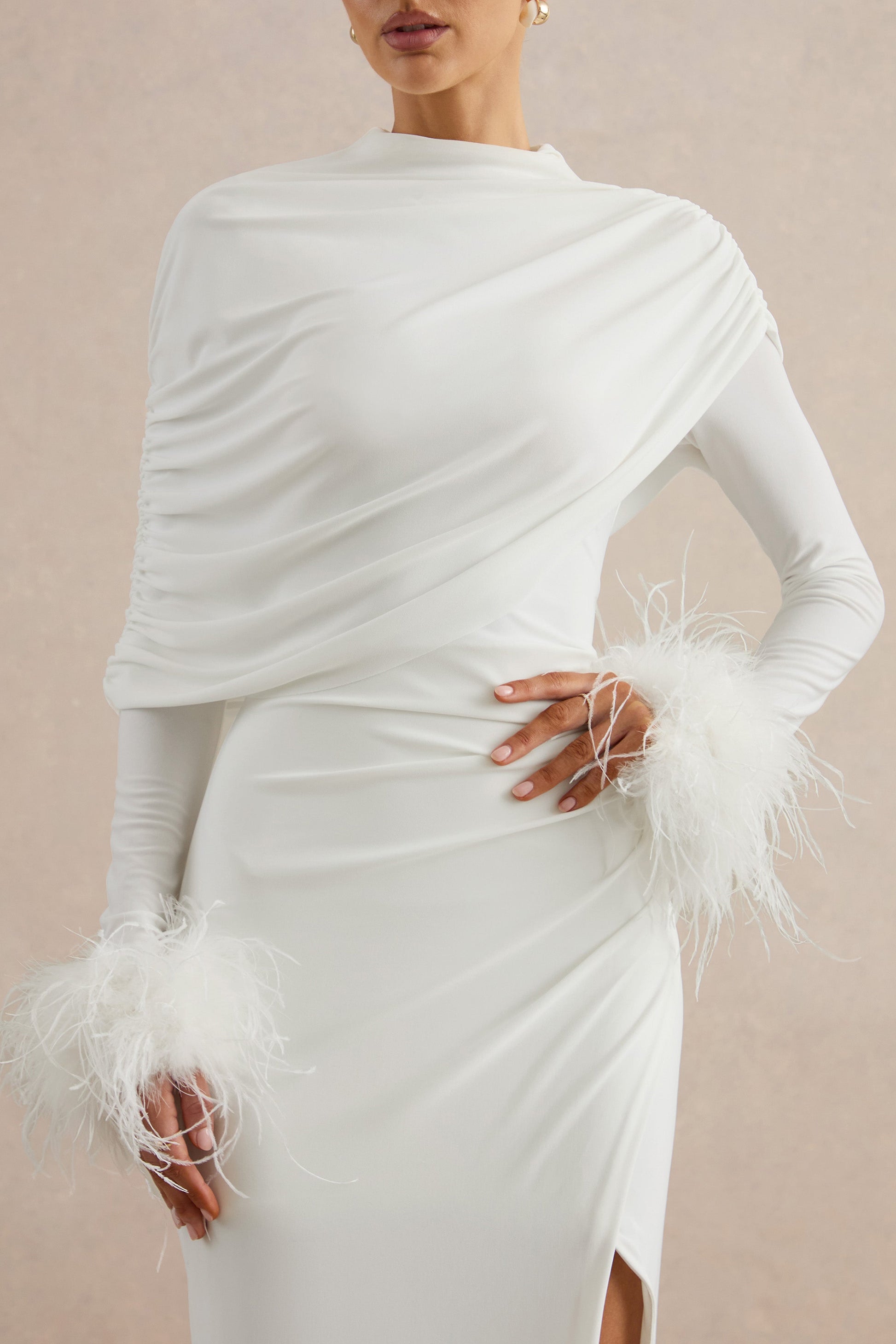 Gatsby | White High-Neck Maxi Dress With Feather Trim Cuffs