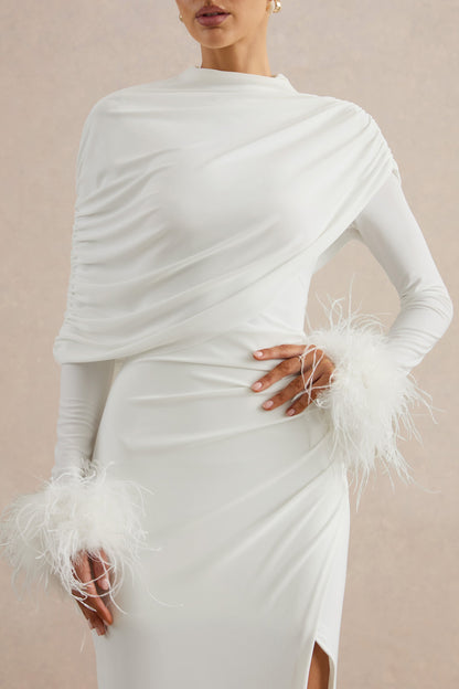Gatsby | White High-Neck Maxi Dress With Feather Trim Cuffs