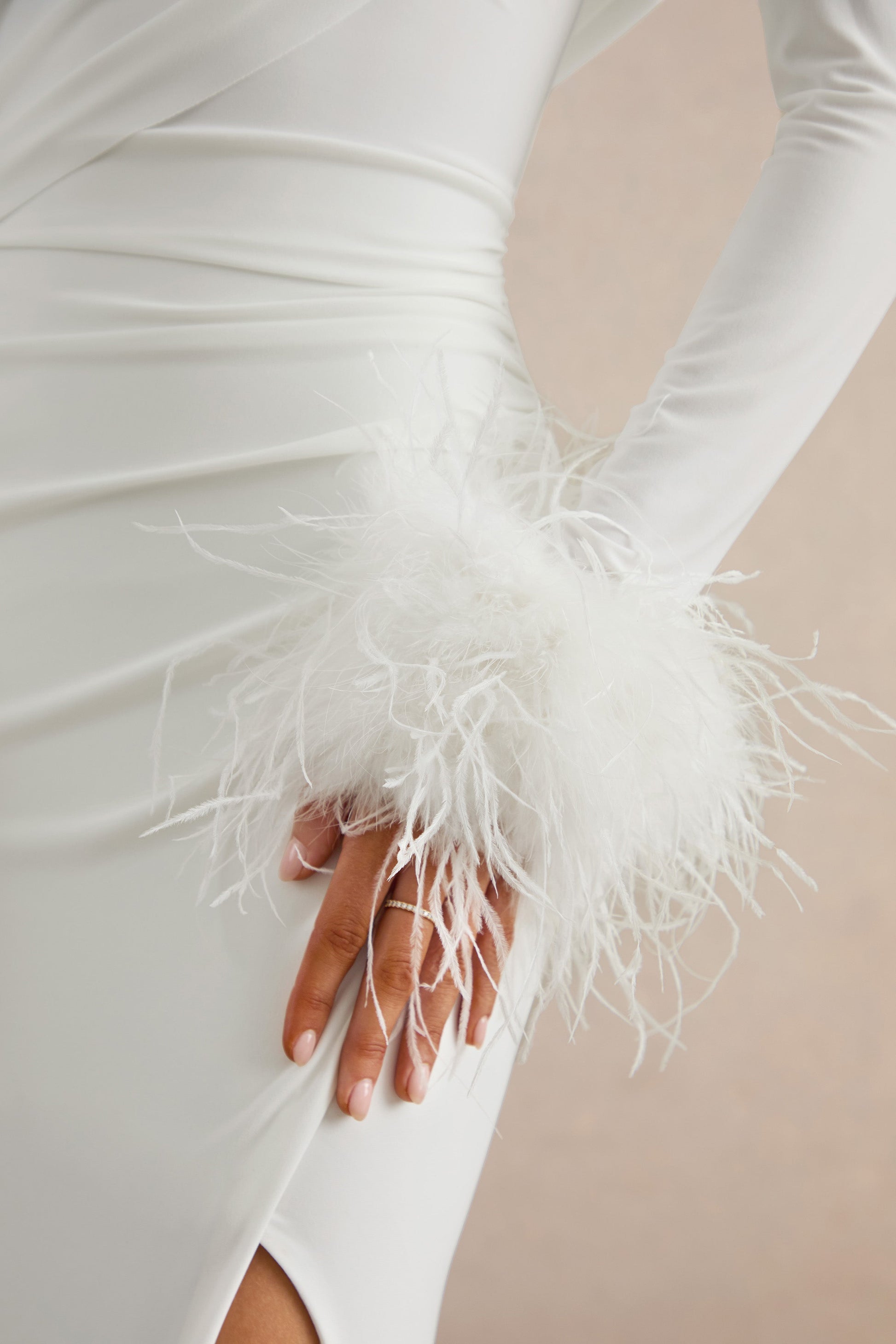 Gatsby | White High-Neck Maxi Dress With Feather Trim Cuffs