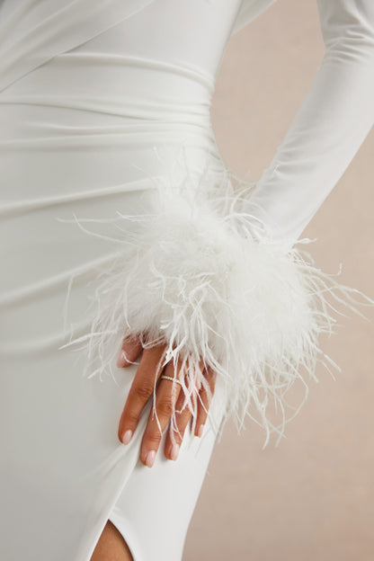 Gatsby | White High-Neck Maxi Dress With Feather Trim Cuffs