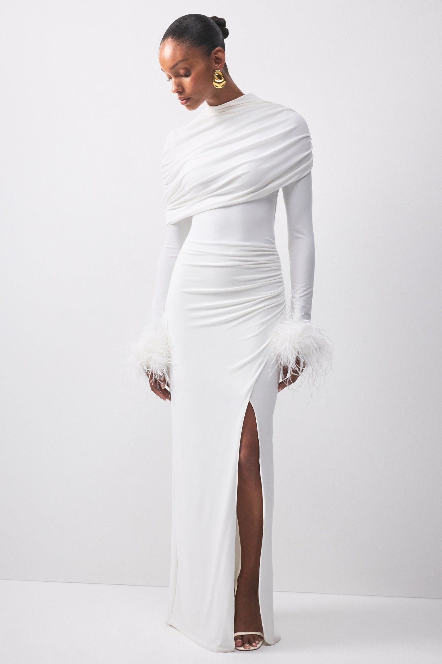 Gatsby | White High-Neck Maxi Dress With Feather Trim Cuffs