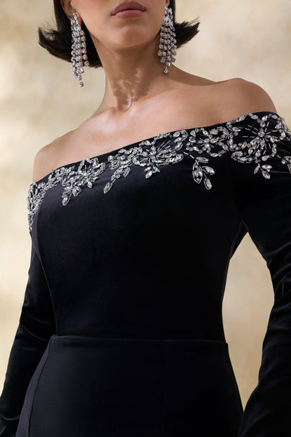 Fern | Black Velvet Embellished Bardot-Neck Maxi Dress